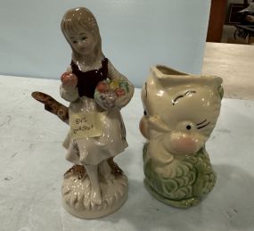 Antique Pottery Owl Mug and Porcelain Figurine
