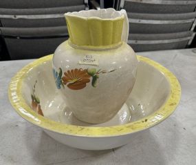 Vintage Yellow Porcelain Water Pitcher and Bowl