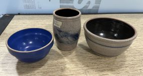 Three Stoneware Pottery Bowls and Container