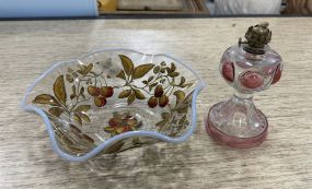 Fenton Style Glass Bowl and Kings Crown Oil Lamp