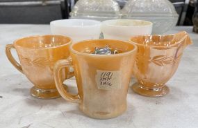 Two Milk Glass Cups and Three Creamer Sugar and Cup iridescent Orange