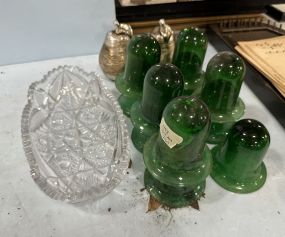 Green Glass Candle Holders, Pressed Glass Dish, and Pears