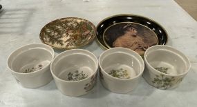 Four Ceramic Bowls, Decorative Plate, and Peacock Plate