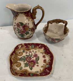 Oriental Accent Decorative China, Pitcher, Plate, and Handled Bowl