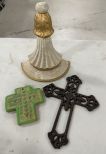 Wall Shelf, Metal Cross, and Pottery Cross