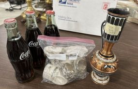 India Metal Vase, Coca Bottles, and Silver Plate Napkins Rings