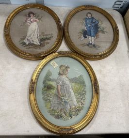 Three Oval Cross Stitch Lady, Gent, and Girl Framed