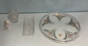 Platter, Pressed Glass Butter Tray, Covered Pressed Glass Bowl, and Cow Creamer.