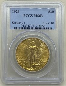 1926 Saint Gaudens $20 21.6k Gold Piece Graded PCGS MS63