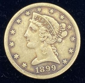 1899 Liberty Head Half Eagle 5 Dollar 90% Gold Coin