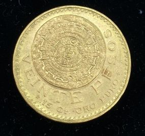 1959 Veinte Five Dollar 90% Gold Mexicana Coin With Aztec Seal 15g