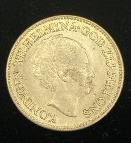 1928 Netherlands 10 Gluden 90% Gold Coin