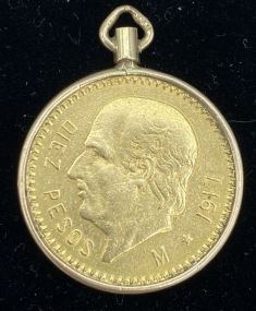 1917 10 Peso Mexico Gold Coin In 14k Bezel