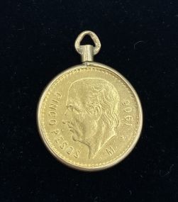 1906 Mexican $5 Peso Gold Coin In 14k Bezel