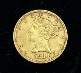 1880 $5 Dollar liberty Head 90% Gold Coin
