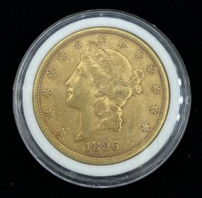 1896-S 20 Liberty Dollar 90% Gold Coin in plastic case.