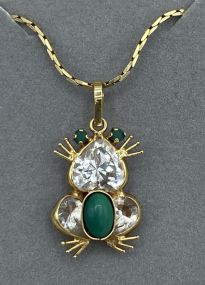 14k Gold CZ + Emerald Eye 16" Frog Necklace