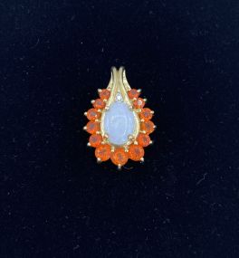 Ladies 10k Gold Genuine Opal Drop Pendant + Spessartine Garnet Halo
