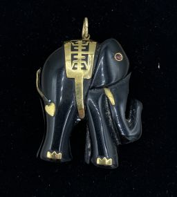 Vintage 14k Gold Accented Onyx Elephant Prosperity Pendant