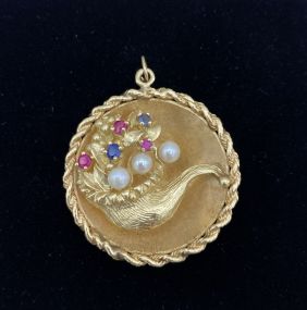 Vintage c.1950s Solid 14k Gold Cornucopia Medallion Charm + Gemstone Accents