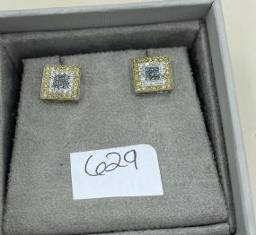 14k White Gold Trio Color-Block Diamond Square Cluster Stud Earrings