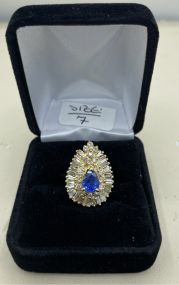 Stunning Estate Piece 14k Gold Natural Blue Sapphire + Baguette & Round Diamond Framed Pear Shaped Cocktail Ring SZ: 7