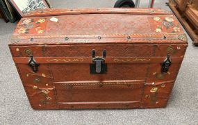 Antique Red Painted Dome Top Streamer Trunk