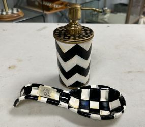 MacKenzie Childs Dot Soap Dispenser and Courtly Check Enamel Spoon Rest