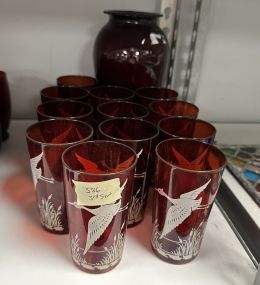 Set of Red Crane Drinking Glasses and Vase