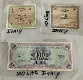 Italy 10, 5 Libre and 100 Lite Italy Notes
