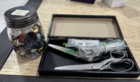 Scissors and Bottle of Buttons