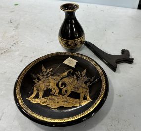 Thai Black Lacquer Display Plate and Vase