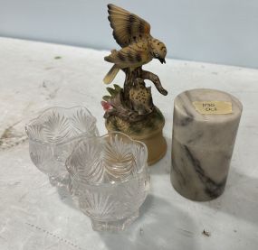 Ceramic Musical Birds, Marble Container, and Glass Votives