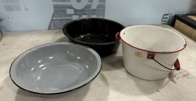 Three Enamel Cooking Pots