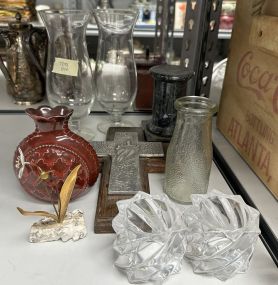 Glass Stemware, Cross, Vases, and Marble Pedestal