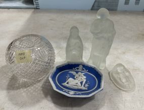 Frosted Glass Nativity Figurines, Glass Vase, and Blue Plaque