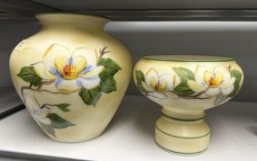 Two Hand Painted Milk Glass Compote and Vase