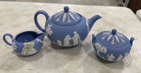 Wedgwood Porcelain Blue Pitcher, Sugar, and Creamer Set