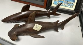 Hand Carved Wood Hammer Head and Shark Sculptures