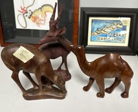 Hand Carved Wood Deer, Camel, and Deer Wood Sculptures