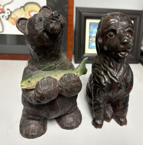 Hand Carved Wood Bear and Dog Sculptures