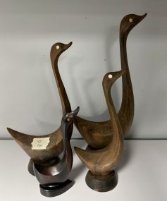 Four Hand Carved Wood Duck Sculptures