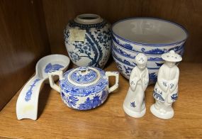 Blue and White Pottery Vase, Sugar, Bowls, Spoon, and Shakers