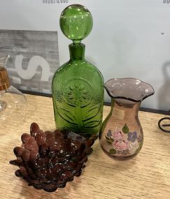 Vintage Green Decanter, German Rastal Amethyst Glass, and Pink Glass Vase