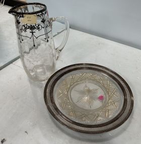 Silver Plate Inlay Glass Pitcher and Etched Glass Plate