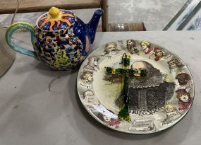 Hand Painted Porcelain Pitcher, William Shakespeare Plate, Glass Cross