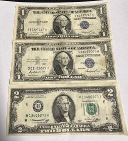 2-1935E Silver Certifates and 1976 Two Dollar Bill