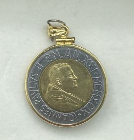 14k Bezel 500 Lire Pope John Paul Coin Pendant