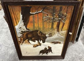 Elmer Eubanks 1960 Painting of Moose and Wolves