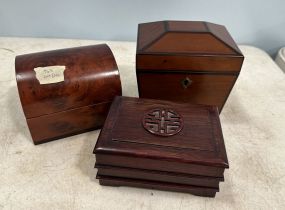 Modern English Caddy, Asian Box, and Burl Trinket Box